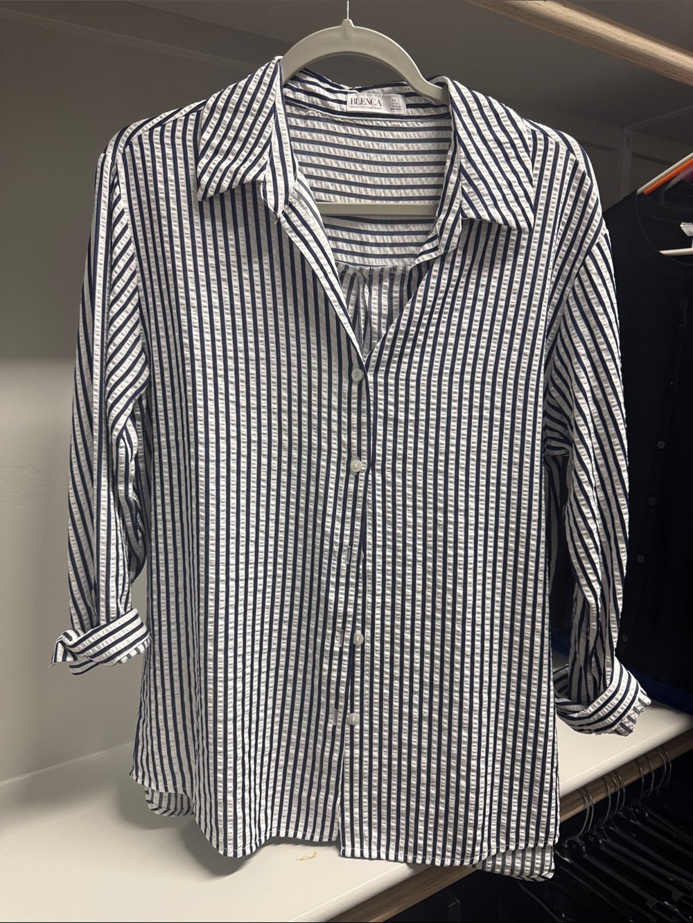 Navy and White Striped Button-Down Tunic Style Shirt